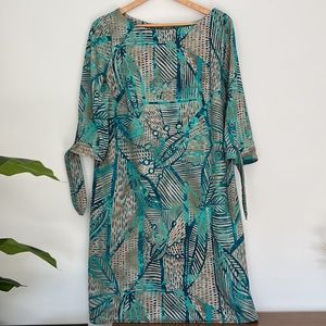 Vibrant Tribal Print Shift Dress 14 EUC Tan and Aqua